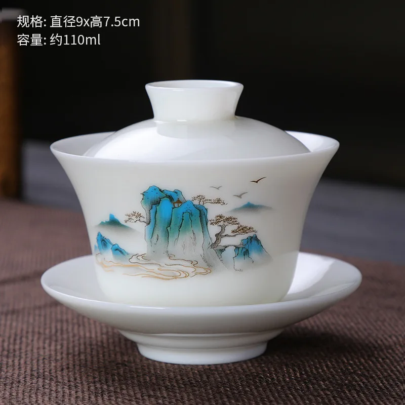 

Yangzhi Jade Covered Bowl Dehua China White Three Talents Bowl Tea Cup High-end Anti-scalding Hand Tea House Small Size110ml