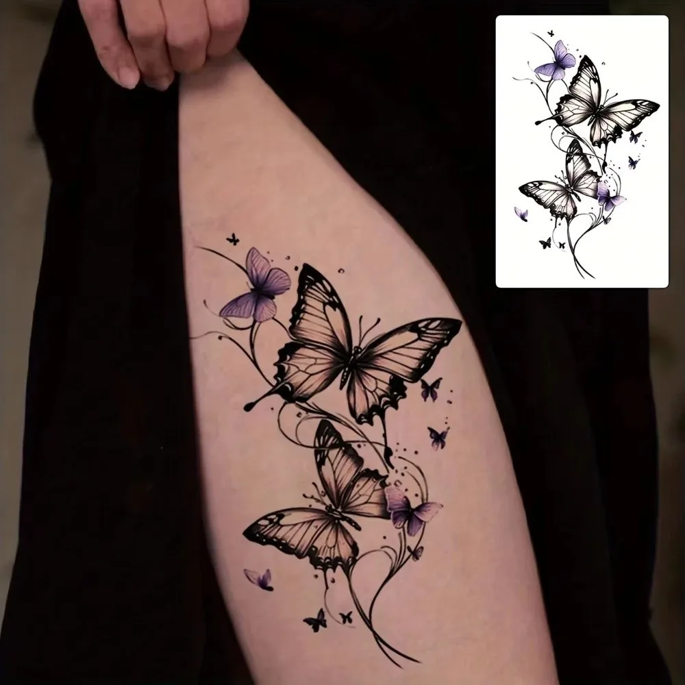 

1Pc Purple & Black Butterfly Temporary Tattoo Sticker, Waterproof Long-Lasting Fake Tattoo for Women, Fashion Body Art for Ankle, Arm, Wrist