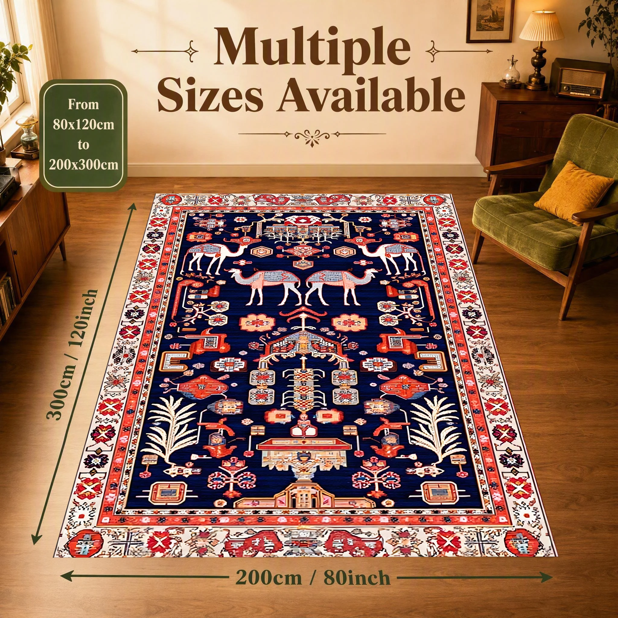 2D Large Carpet with Camel and Floral Retro Ethnic Patterns, Exotic Persian Style, Suitable for Living Room and Bedroom, One-Click Refresh for Autumn and Winter Decoration