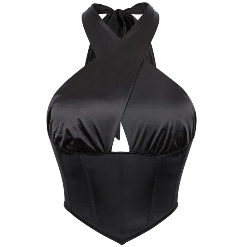 

Готический женский черный корсет на шнуровке, сексуальный укороченный топ с открытой спиной и лямкой на шее, летняя уличная одежда Y2k, элегантное нижнее белье, камзол