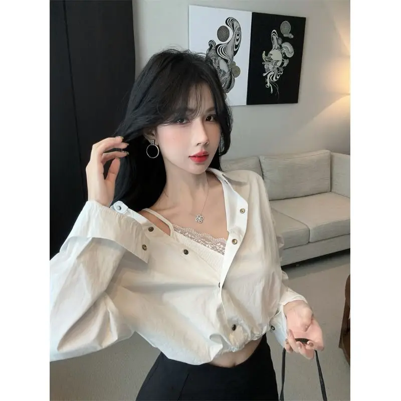 여성용 한국 레이스 패치워크 페이크 투피스 셔츠, 슬림하고 루즈한 셔츠, 느슨한 어깨 소매, 섹시한 소녀 짧은 셔츠