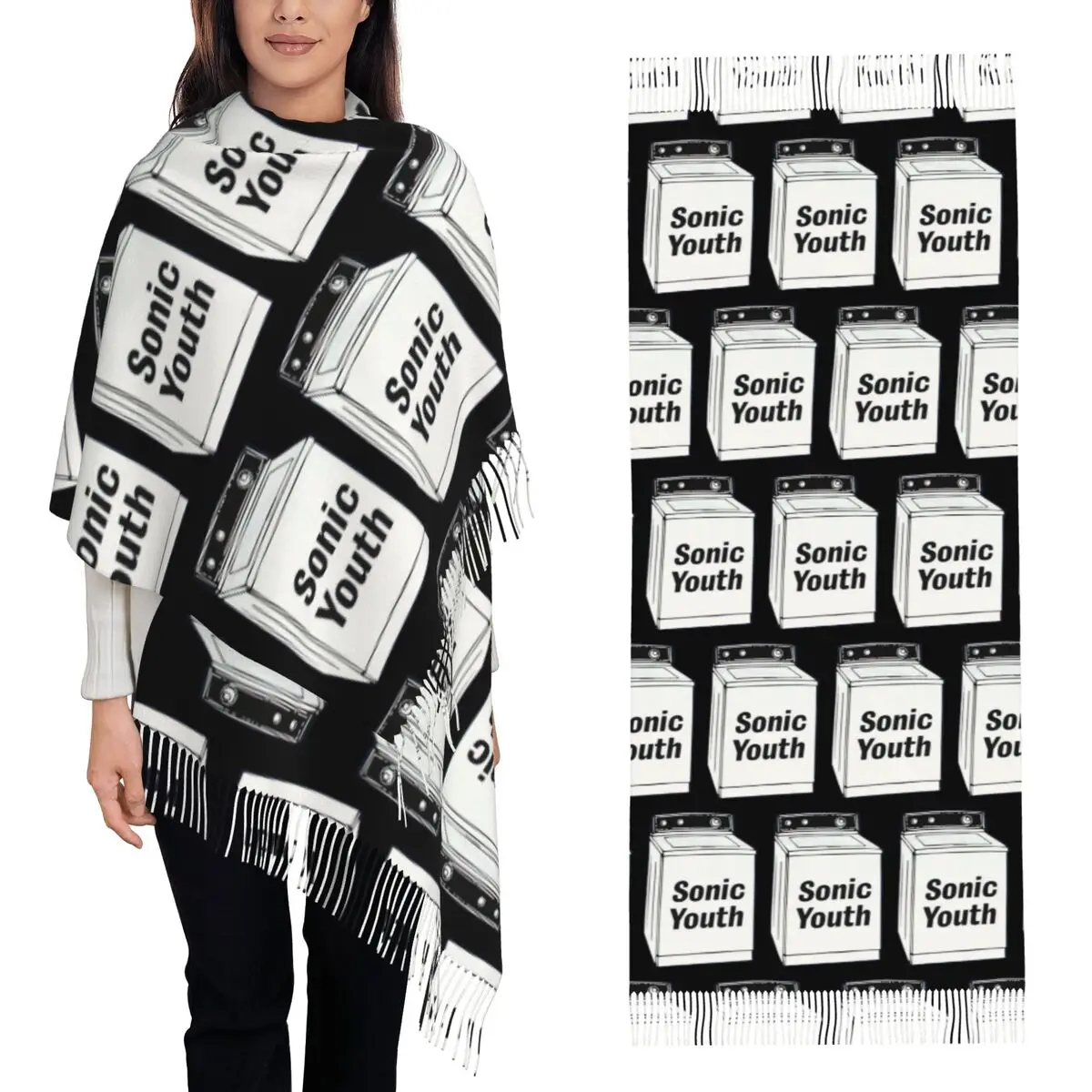 Sonic Youth Rock Band Punk Scarf Tassel Scarves Women Soft Warm Shawls and Wraps Long Fall Winter Shawl Wrap