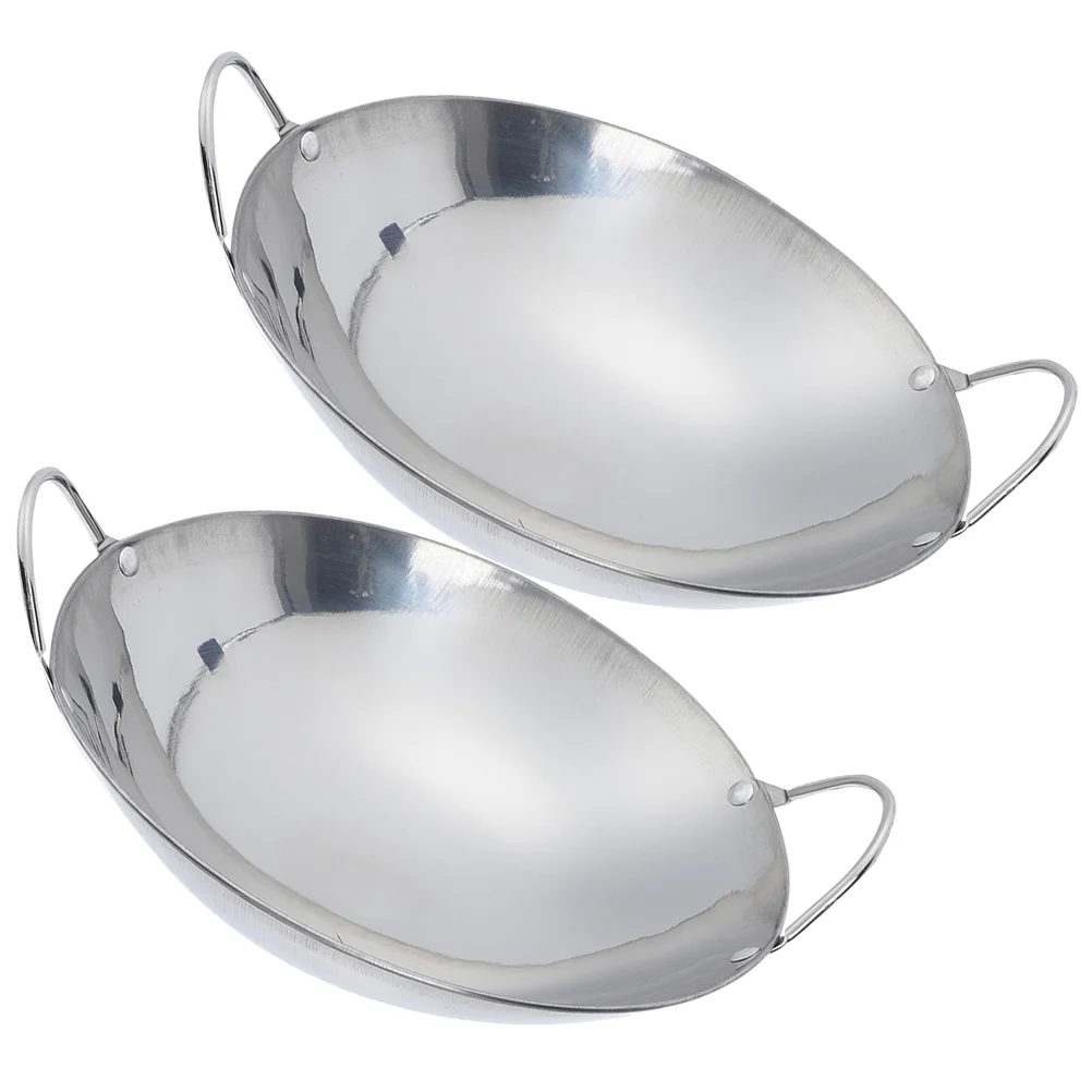 

2 Pcs Pan Stainless Steel Griddle Individual Wok Double Handle Cooking Pot Metal Frying Pans for