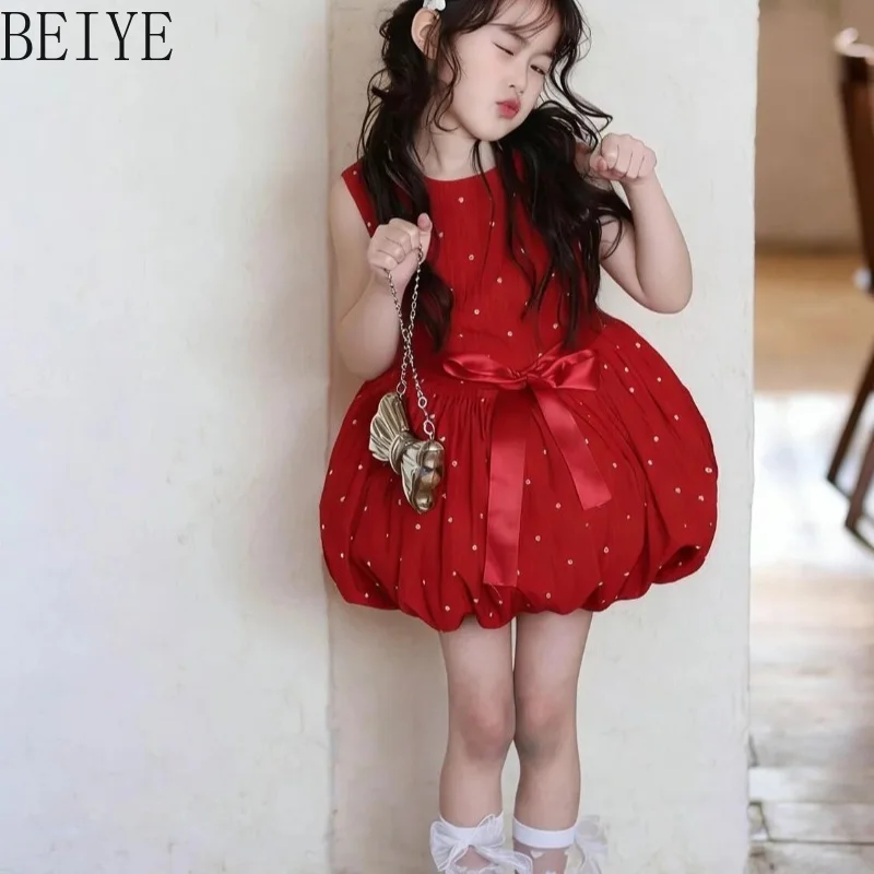 Red Polka Dot Vest Baby Girls Dress Summer New Sleeveless Birthday Princess Dress Children's High Street Party Strap Dress