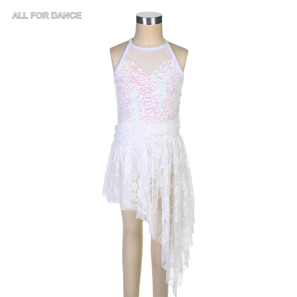 17312 White Sequin and Lace Bodice Halter Neck Dress Ballet Dance Adult Girls Stage Performance Costume Lyrical Dance Skirt