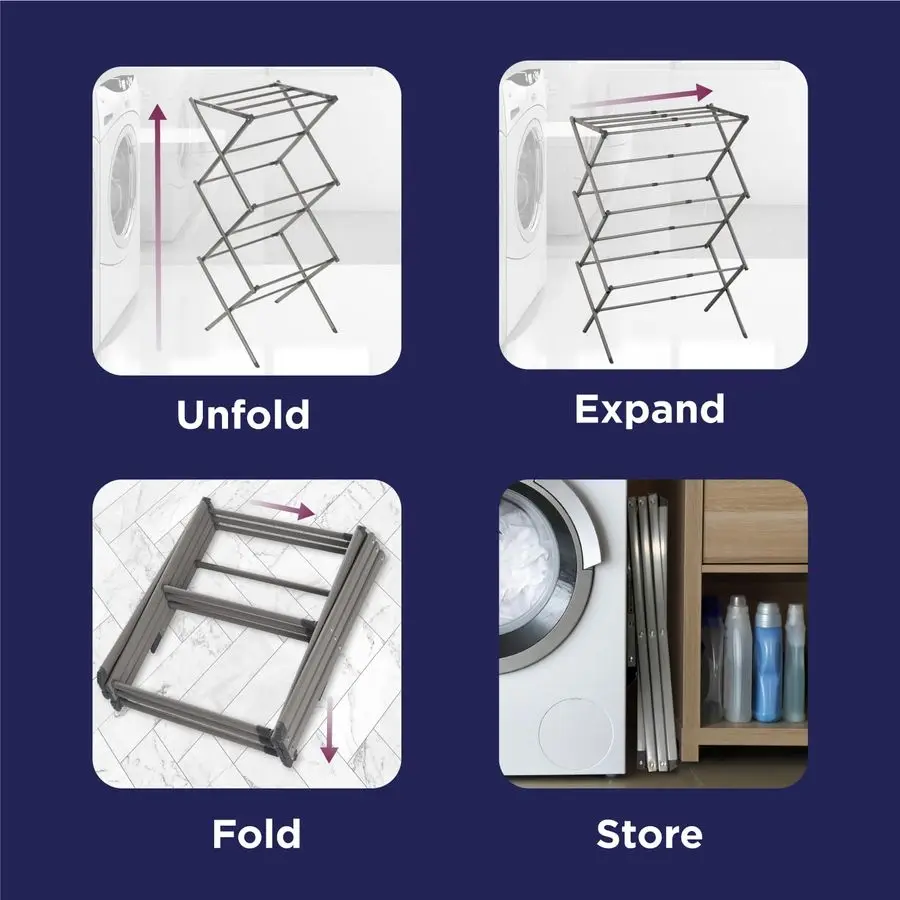 3 Tier Expandable Collapsing Foldable Laundry Rack for Air Drying Clothing, Space Saving Heavy Duty Lightweight Metal Drying Rac