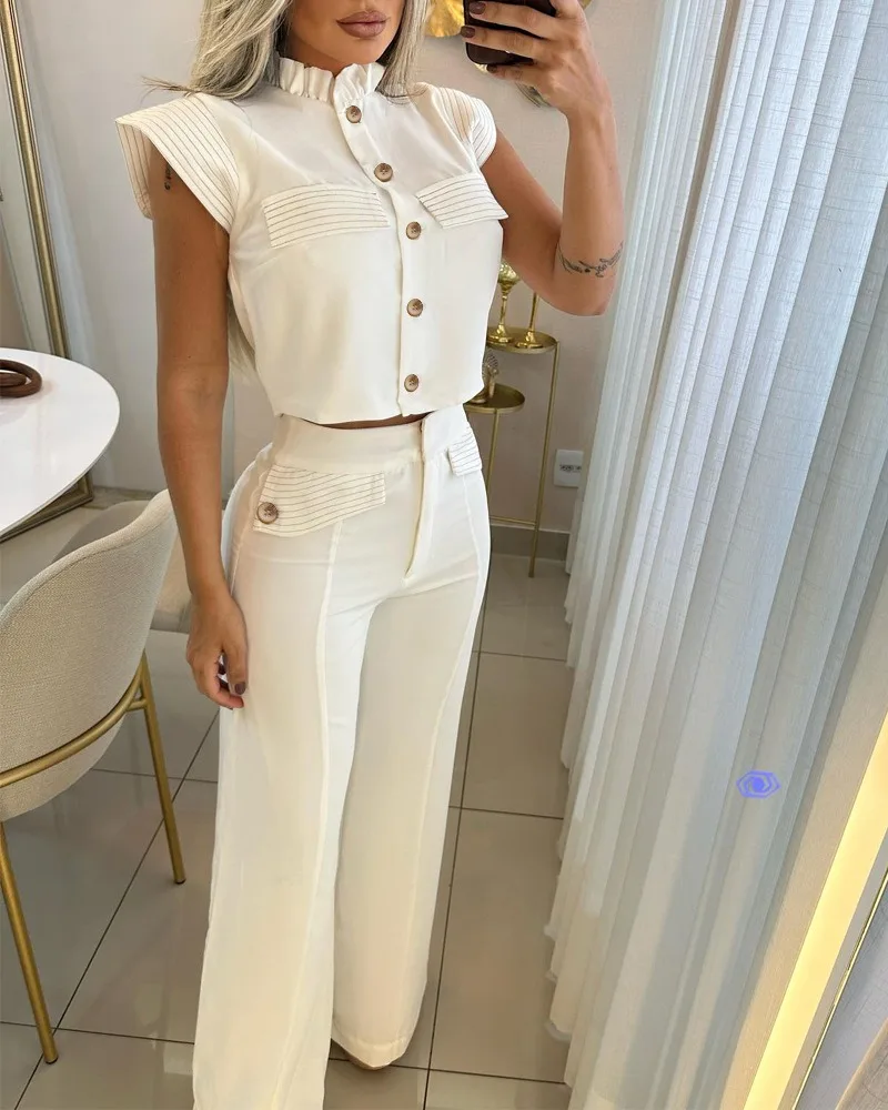 Autumn Women Suit Casual Striped Frill Hem Single Breasted Top and Flap Detail Design Straight Leg Pants Office Set