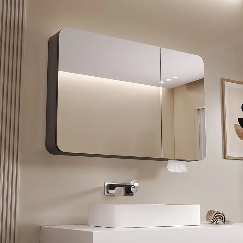 Curved Space Aluminum Bathroom Mirror Cabinet Wall Mounted Smart LED Mirror Light Storage All-in-One Box Toilet Single Modern