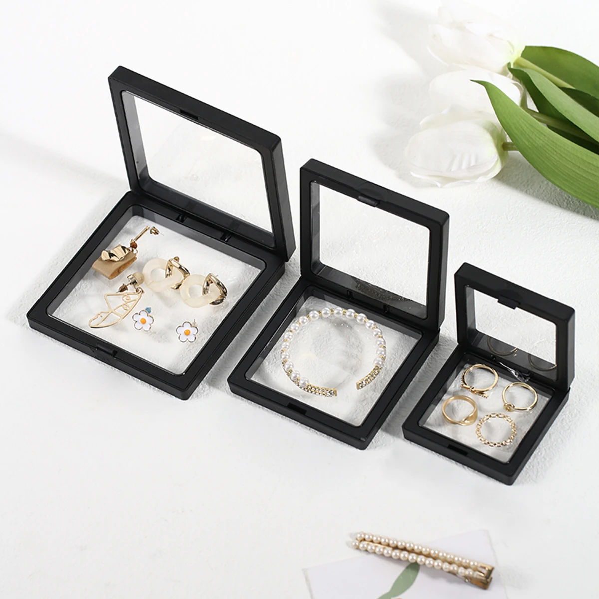 10pcs Black/White Transparent PE Film Jewelry Storage Box 3D Ring Earring Sorting Box Store Dressing Table Display Stand