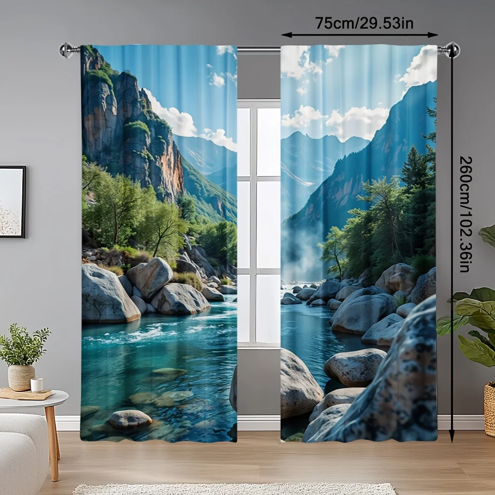 2pcs Blue Mountain Water Scenery Printed Door & Window Curtains u2013 Stylish Rod Pocket Window for Bedroom, Office, Living Room