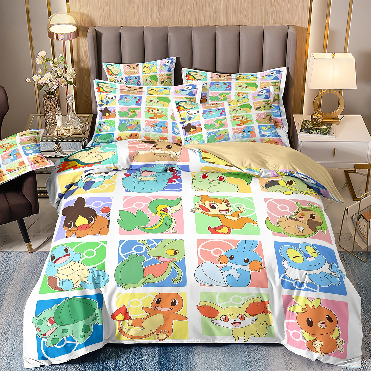 Pokemon Pikachu Bedding Set,Cartoon Anime Quilt Cover for Kids boys Girls gift Queen King Size Bedding Set,