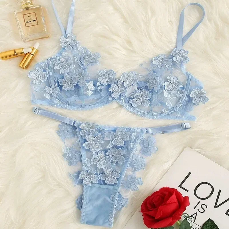 Toucheart Sexy Lingerie Set Transparent Feminine Sweet Mesh Embroidered Lace Bra Flower Applique Transparent Lingerie Women Kit