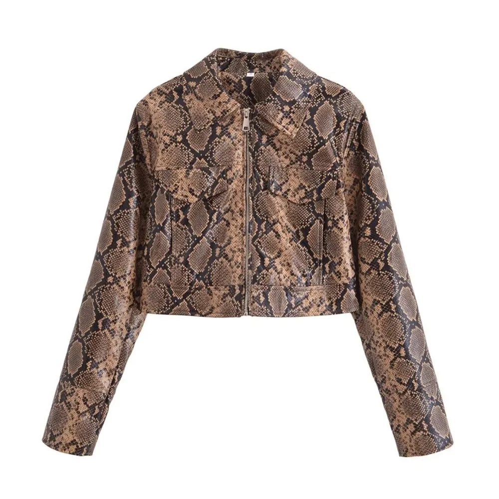 Women's street fashion snake print imitation leather jacket 2024 autumn coat