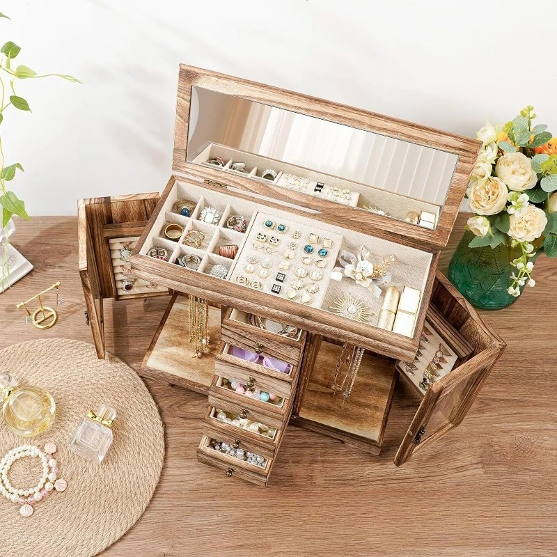 صندوق مجوهرات خشبي، صندوق تخزين مجوهرات راقي متعدد الطبقات مع غطاء شفاف، خزانة عرض، صندوق تشطيب للدرج