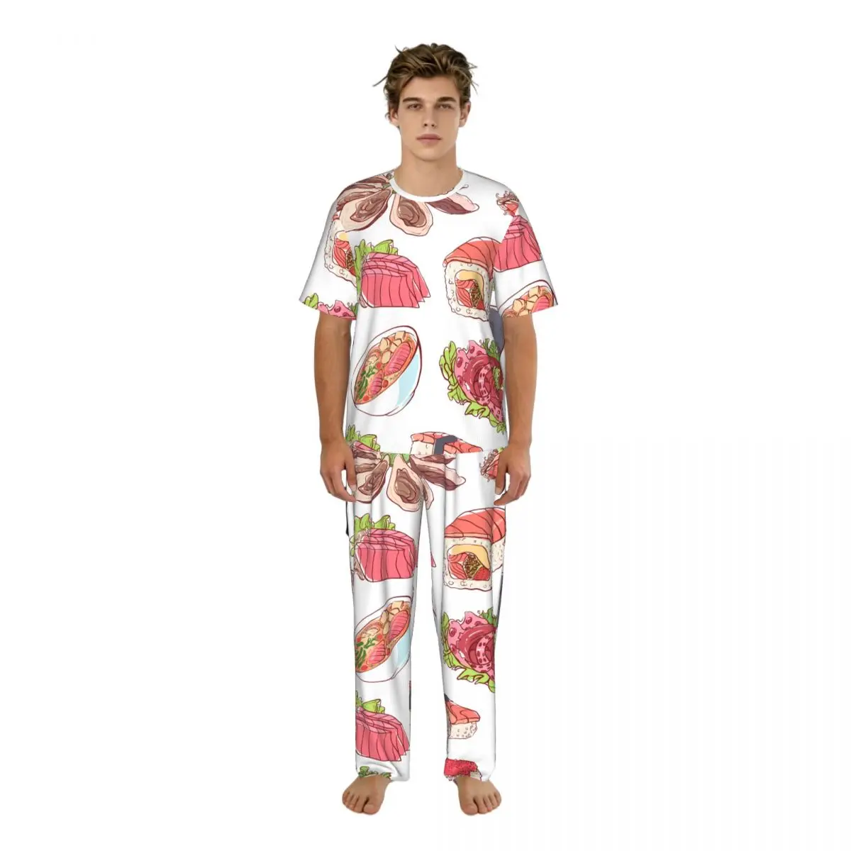 

Men Pajamas Suit Short Sleeved Long Pants Famous Japanese Cuisine With Octopus Oysters Sushi Sleepwear Summer Home Clothing Set