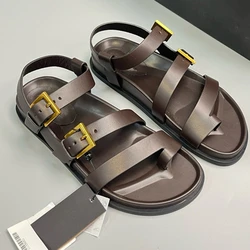 Maxdutti Summer Strap Sandals Girls Roman Retro Genuine Leather Nordic Minimalist Brown Cowhide Sandals