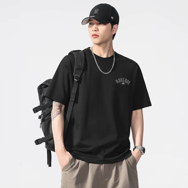 

HJS218 Summer cool feeling men's short-sleeved stretchy printed models senior simple black and white short T-shirt fashion trend