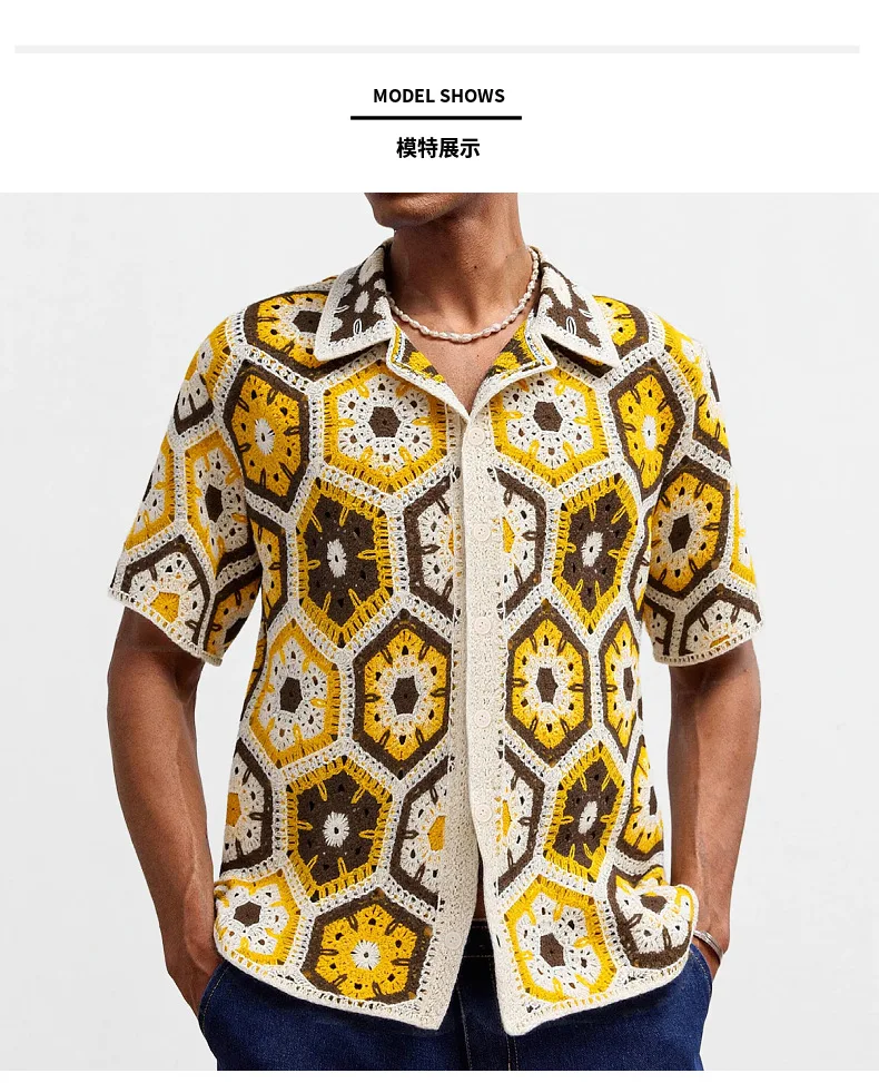 Men's Clothing European and American ethnic style heavy hand-crocheted sweaters Summer short-sleeved POLO shirts