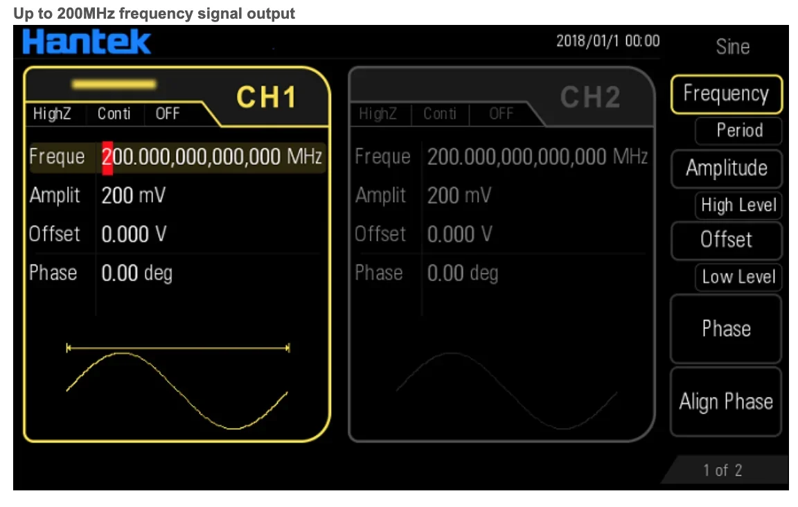 Seria Hantek HDG6000B Generator przebiegów arbitralnych Generator funkcji 200 MHz 2 kanały 1,25 GSa/s