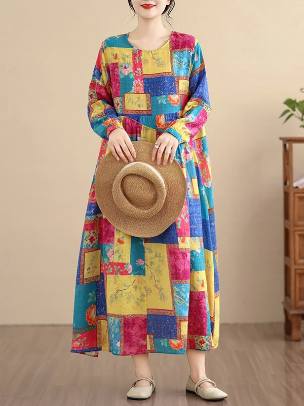 Retro artístico estampado largo Sve Linen Dr mujeres primavera otoño suelto dobladillo ancho encaje ribete largo Dr A-Line silueta