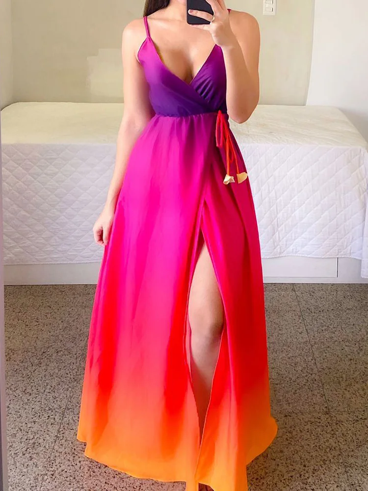 

Women V Neck Patchwork High Waist Dress Casual Sleeveless Hollow Out Off Shoulder Dress Elegant Lady Print Party Slim Long Dress