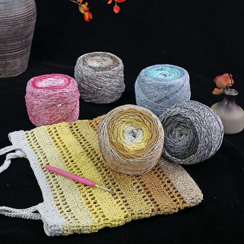 

5pcs 1000g Galaxy Gradient Cake Silver Silk Thread Hollow Cotton Segment Dyeing Crochet Hook Bag Round Strand Color Thread