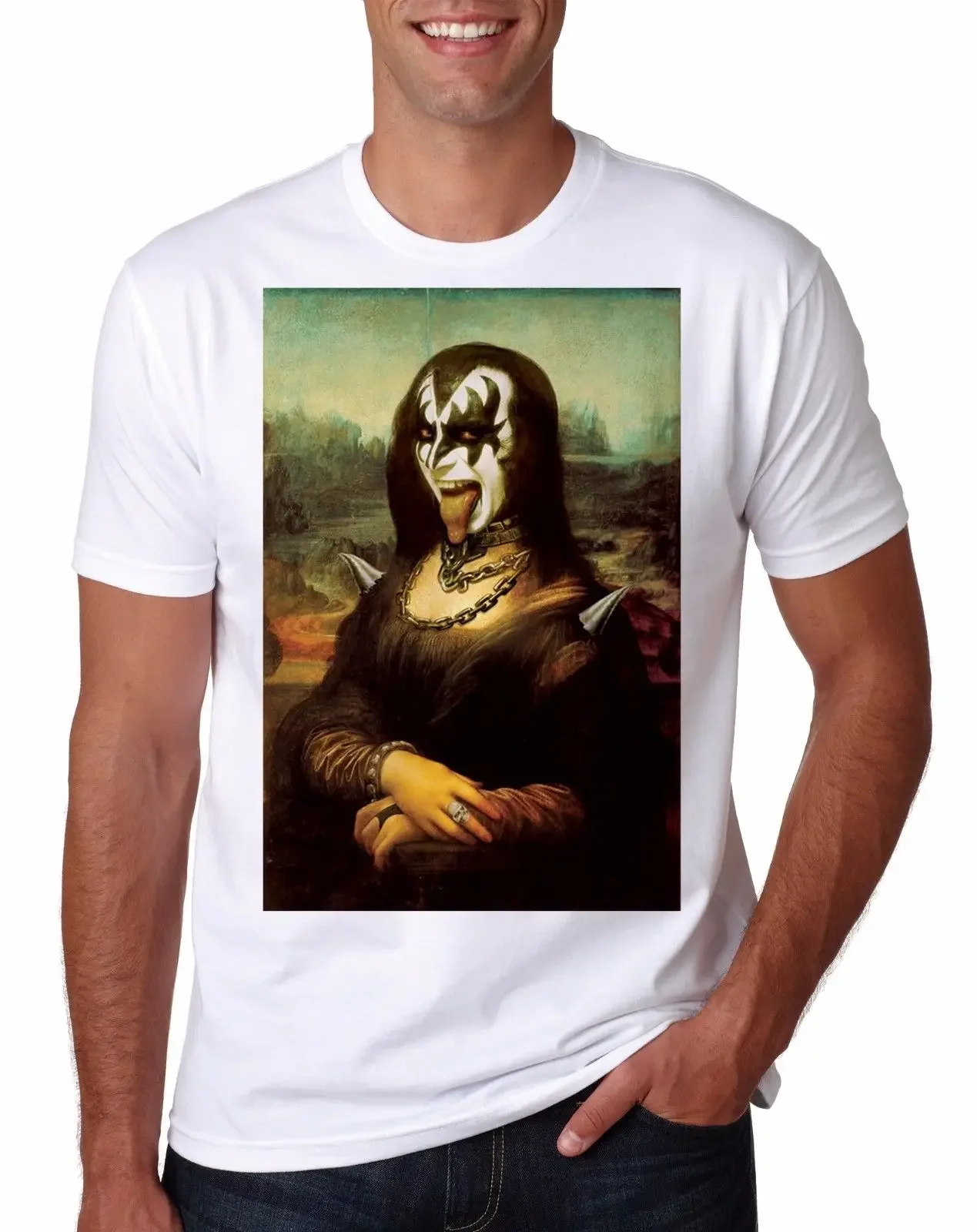 Mona Lisa Kiss T-Shirt New Creatures Destroyer Neon Rock Love Face Gene Gun T-Shirt  Fashion Men tees