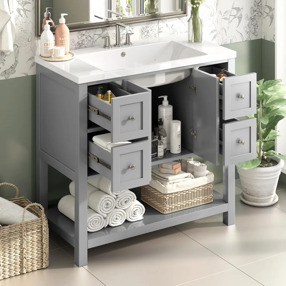 Grey Bathroom Vanity with Undermount Sink,Free Standing Vanity Set with 4 Drawers& 2 Soft Closing Doors