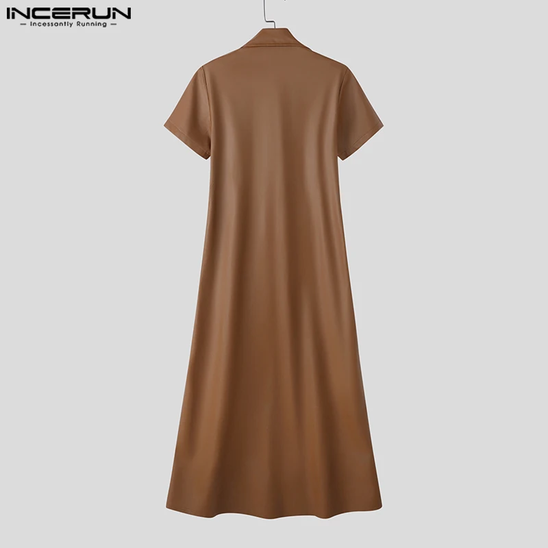 INCERUN メンズロングスタイルトレンチソリッドカラーラペル半袖男性カーディガンストリートウェアPUレザーカジュアル男性ウインドブレーカーコート