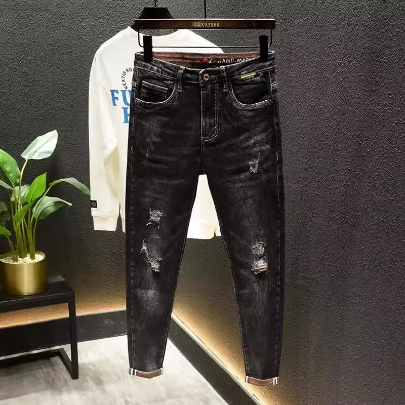 

High Quality Men's Luxury Casual Denim Jeans Spring Autumn Pencil Pants Black Ripped Holes Stitched Patches Streetwear Trousers