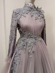 Arabic Beads Muslim High Collar Full Sleeve A Line Pleat Tulle Formal Wedding Guest Evening Prom Dresses Summer New