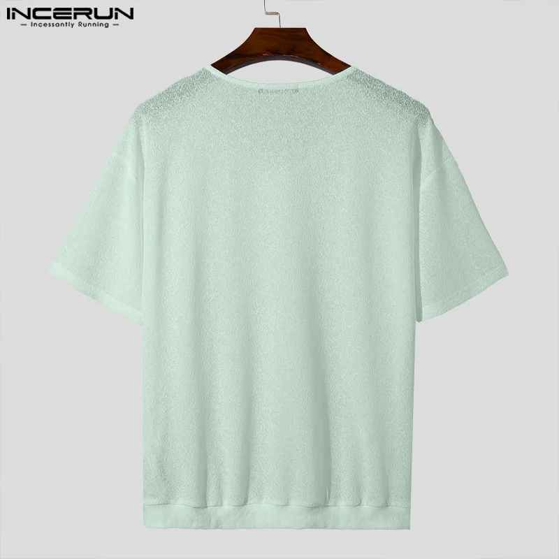 2024 Men\'s T Shirt Solid Color V Neck Short Sleeve Knitted Summer Men Clothing Streetwear Transparent Casual Camisetas INCERUN