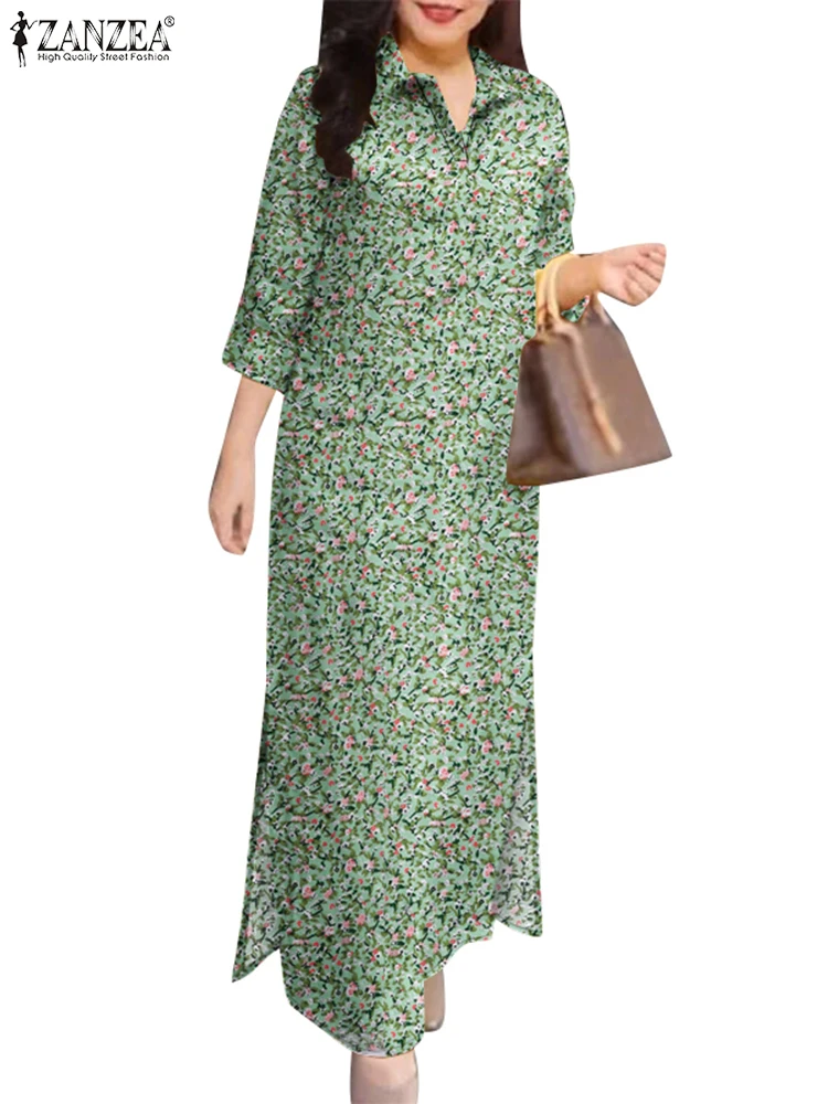 2025 ZANZEA Women Vintage Holiday Vestidos Spring 3/4 Sleeve Floral Printed Maxi Dress Loose Casual Turn-down Collar Shirt Dress