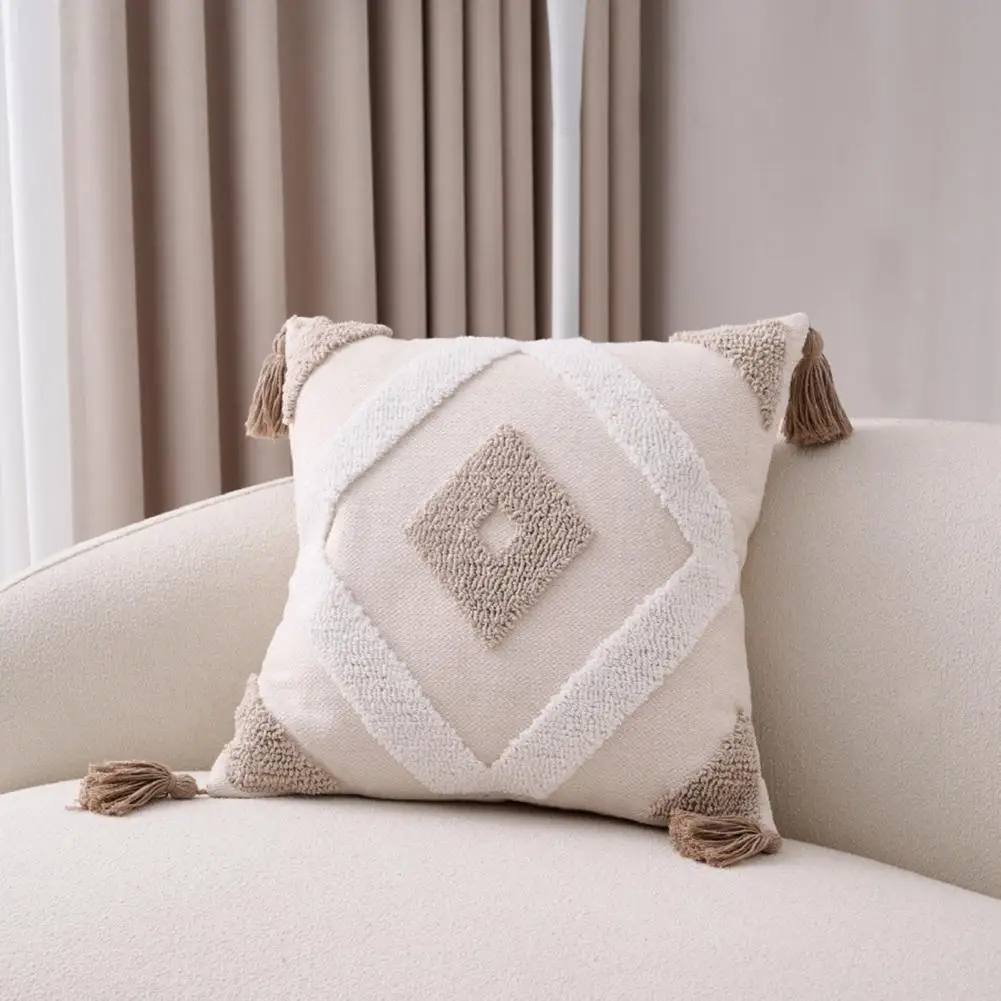 Elegant Home Decor Pillowcase Boho Textured Throw Pillow Covers with Braided Rope Pattern Tassels Woven for Sofa for Office