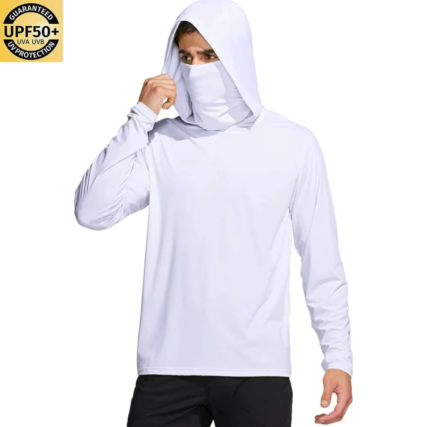 Men Solid Color Hooded Fishing Shirt Built‑in Face Mask UPF50+ UV Protection Quick Dry Long Sleeve Outdoor Sun Protection Top