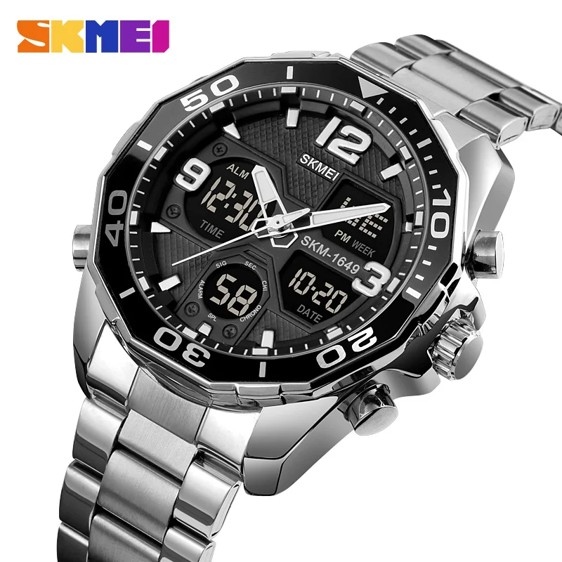 SKMEI 1649  Chrono Alarm Male Clock reloj hombre Dual Movement Sport Mens Watches Rotatable Ring Quartz Digital Men Wristwatches