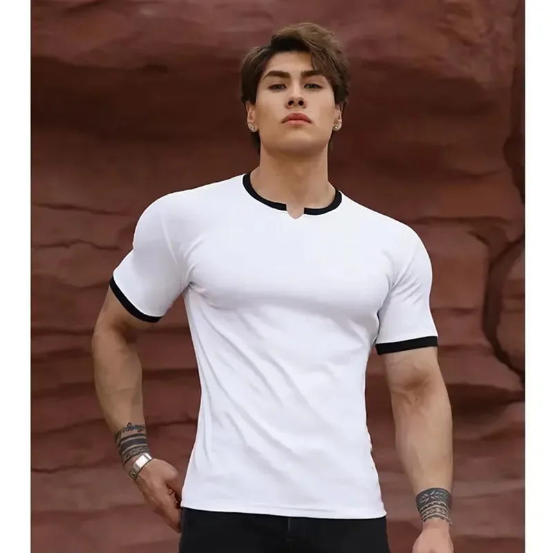 Men White Black Contrast Trim T Shirt Notch Neck Short Sleeve Slim Fit Casual Top