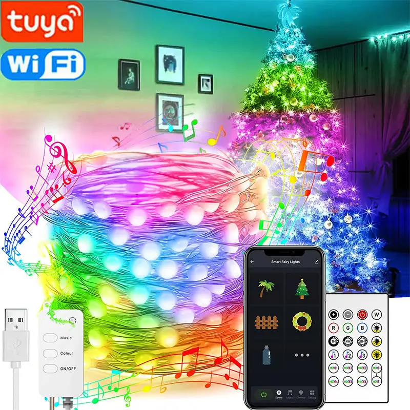 20m-usb接続式led-rgbクリスマスフェアリーライト、スマートledガーランド、alexa対応、音楽連動機能付き、屋外ウェディング装飾用。