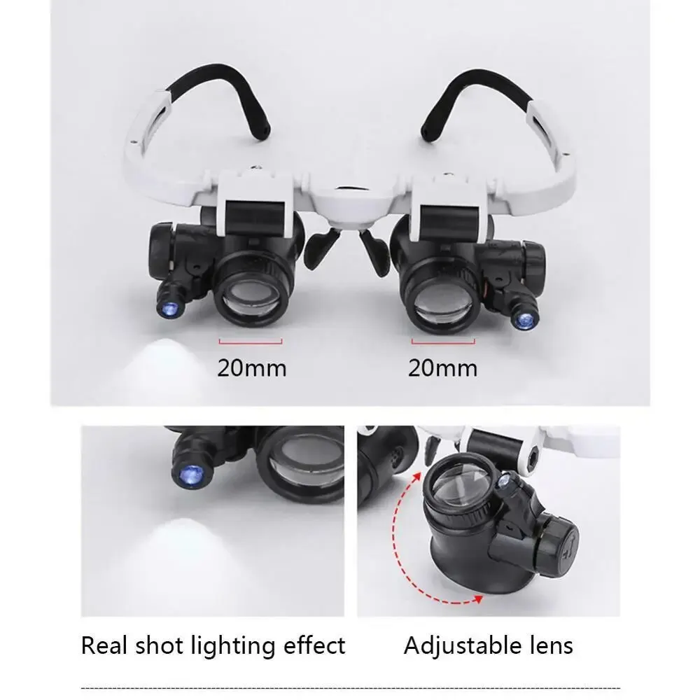 Adjustable Head-Mounted Magnifier Loupe Eye Glass with 2 LED Lights, 8X 15X 23X Lenses for Watch Jeweler Repair