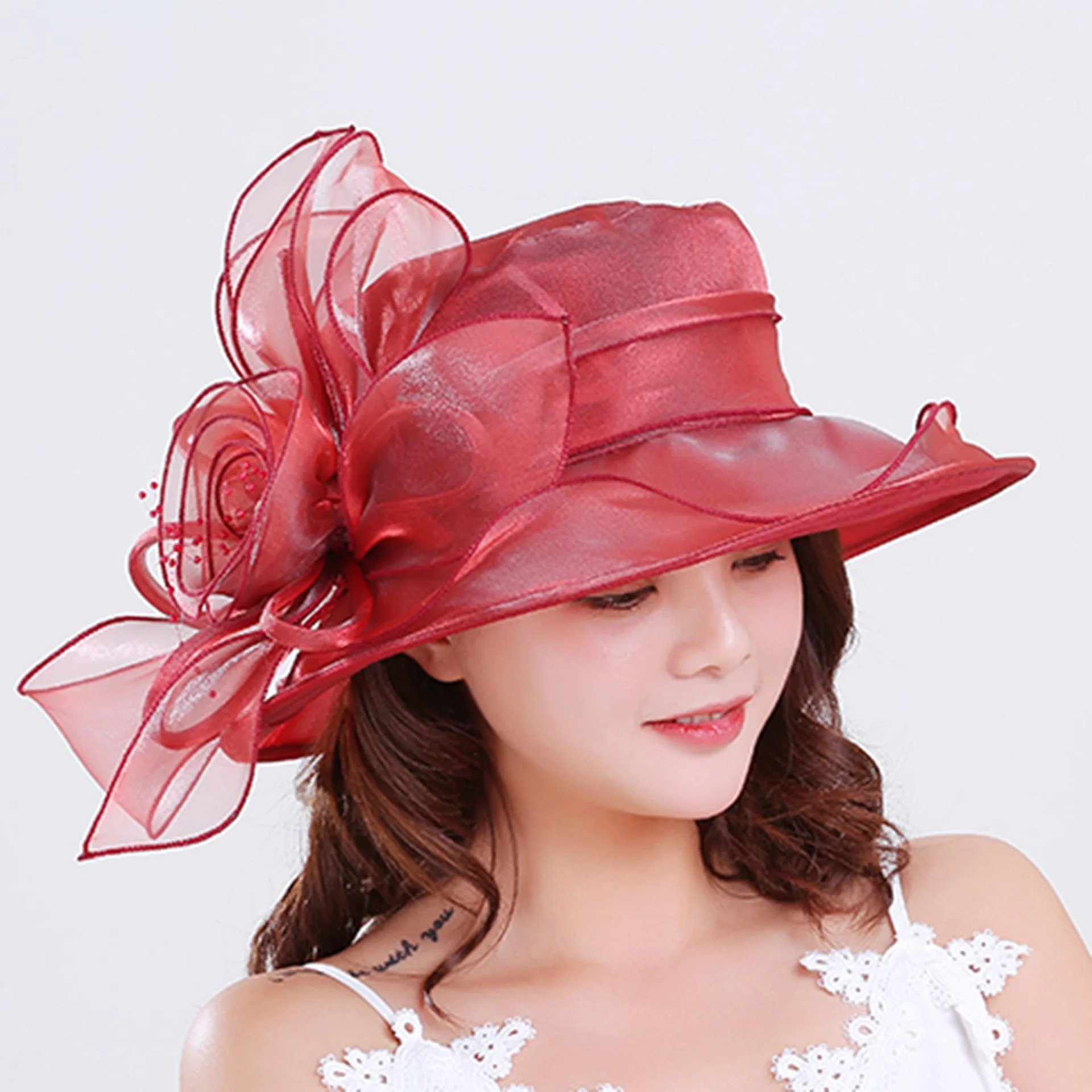 1Pc Spring And Summer Gauze Hat Top Hat Female Flower Organza Net Hat Sun Hat Beach Hat European And American Sun Hat