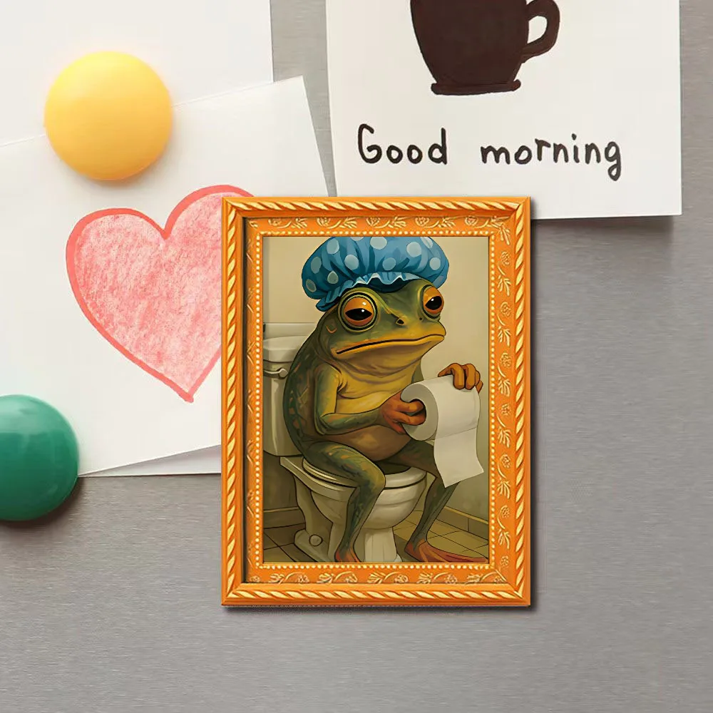1 Peça de um Ímã de Geladeira Divertido com Sapo Sentado no Banheiro, Design de Mini Porta-Retrato, Pequeno Quadro Criativo para Pendurar Fotos, Artesanato em Madeira, Decoração Divertida para Casa, Ímã de Geladeira Inovador, Acessório de Decoração de Cas