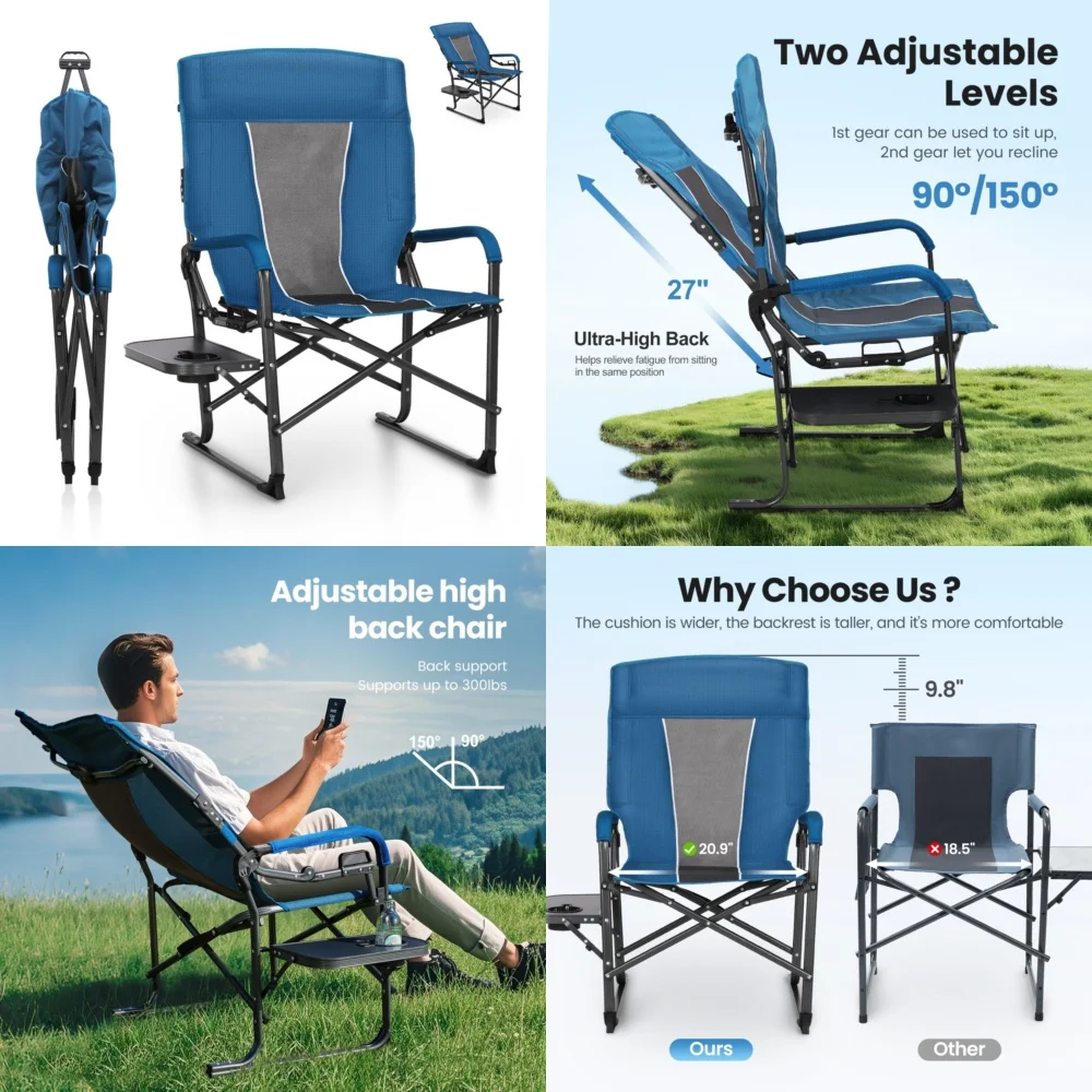 

Стул для кемпинга Сверхмощный стул для кемпинга Регулируемый уличный стул с высокой спинкой и боковым столиком Складной стул для лужайки для пешего туризма на пляже