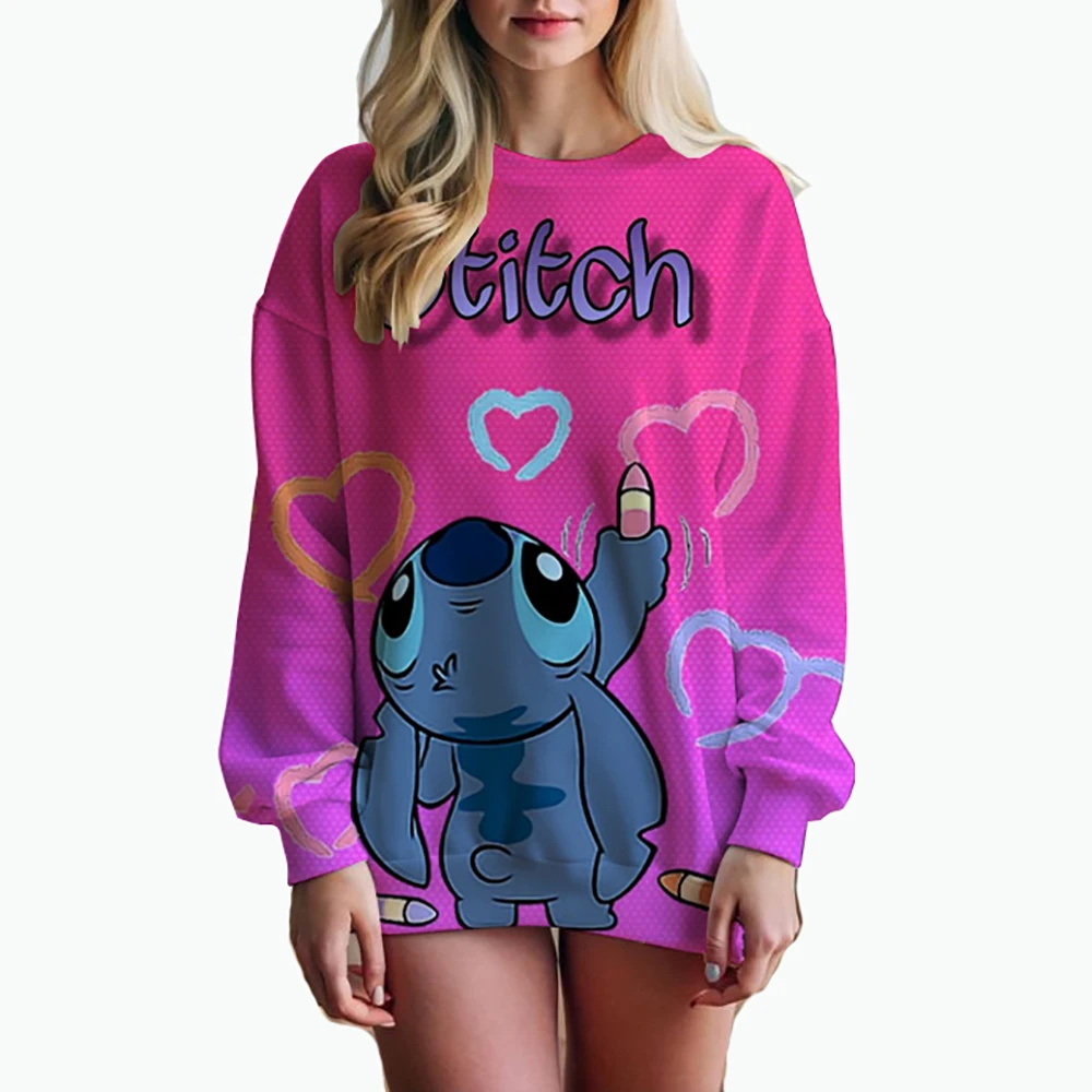 Autumn Fun Print Long Sleeve Top 2024 New Cartoon Disney Cute Lilo & Stitch Ladies Sweatshirt Crew Neck Loose Pullover