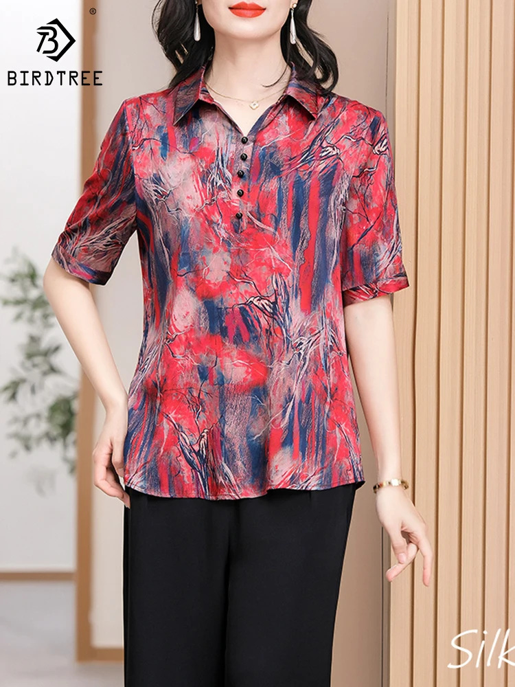 BirdTree 90%Real Silk Plus Size Shirt Women,V-Neck Shoet Sleeves Retro Print,Versatile Temperament Blouse,2024 Spring T42340QD