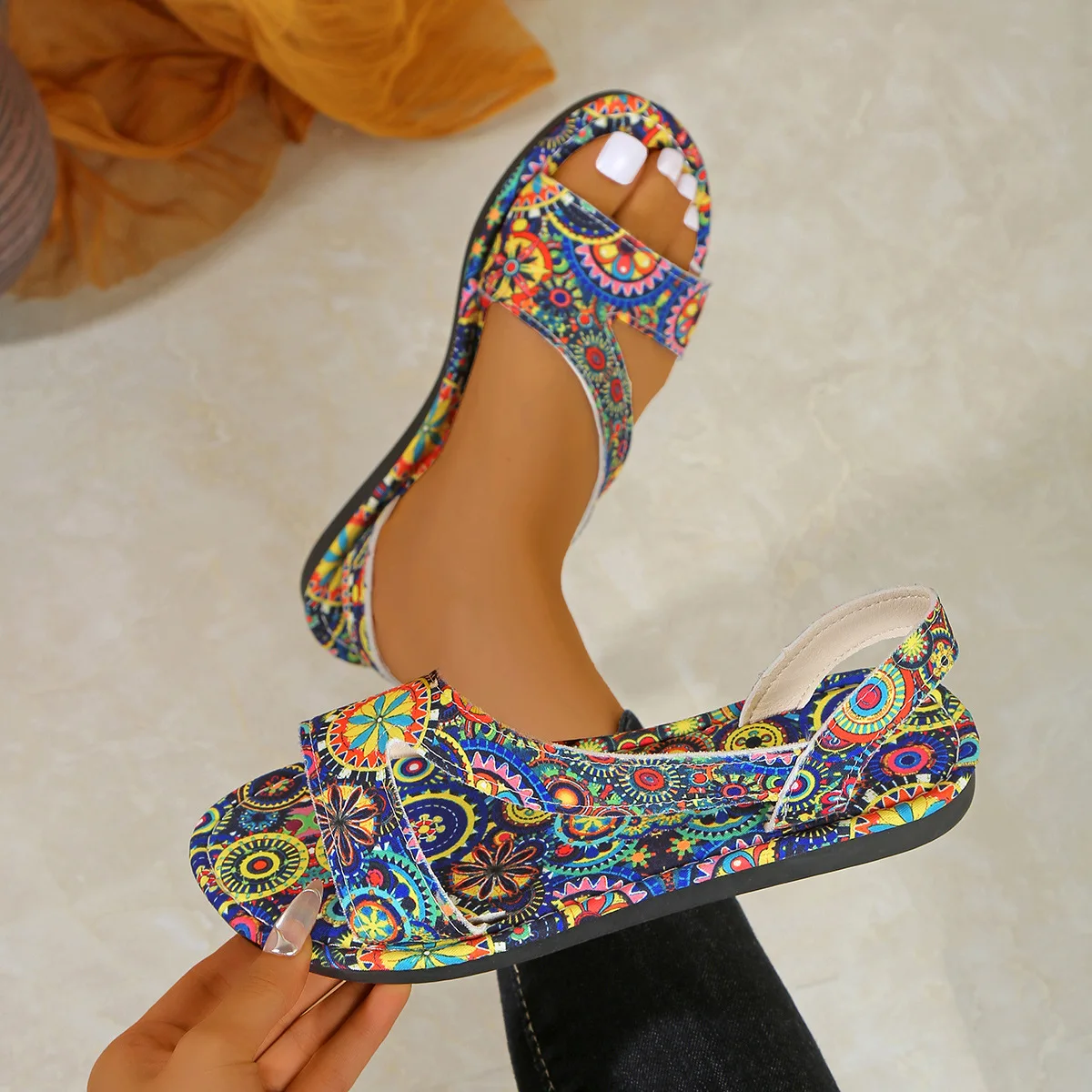 

Plus-size Women's Sandals Slippers 2025 Summer New Flat Printed Toe Bohemian Ethnic Style Cool Sandals for Women