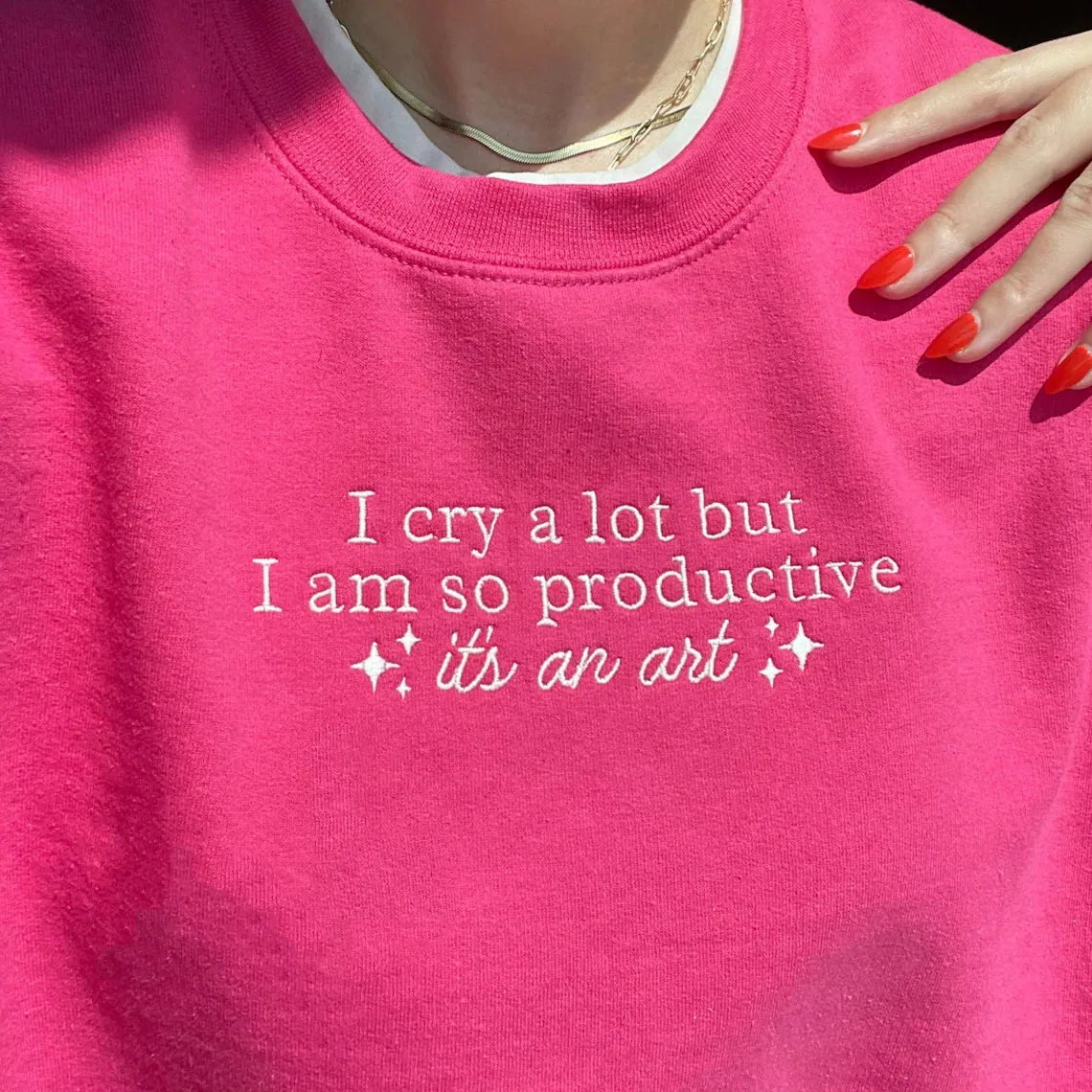 

I Cry A Lot But I Am So Productive Letters Embroidered Vintage Style Sweatshirts Women Long Sleeve Loose Thick Fleece Pullover