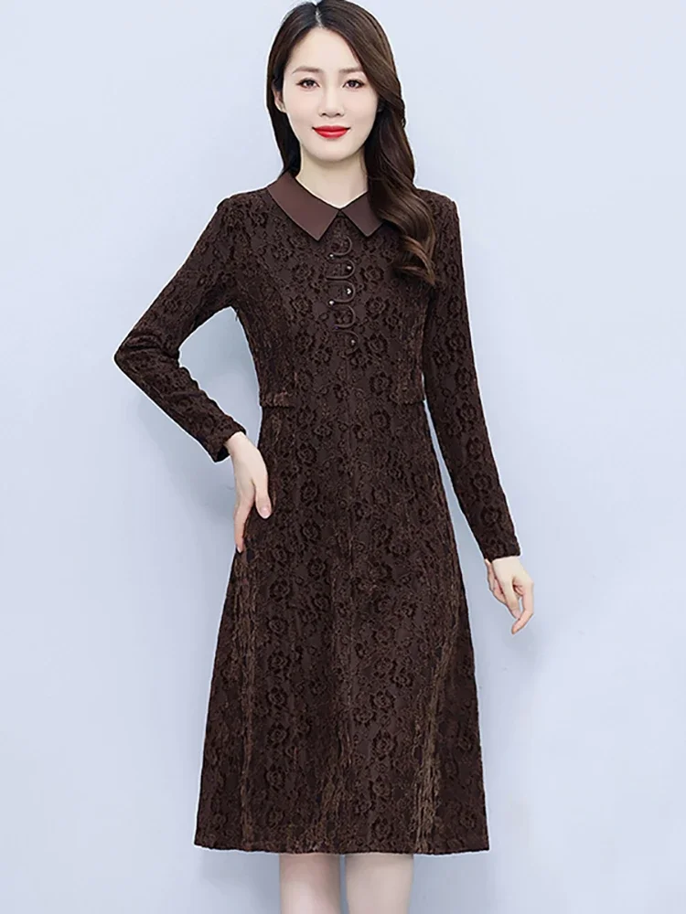 2024 Chic Lace Hook Flower Hollow Midi Dress Autumn Winter Long Sleeve Plus Velvet Dress Women Korean Elegant Luxury Prom Dress