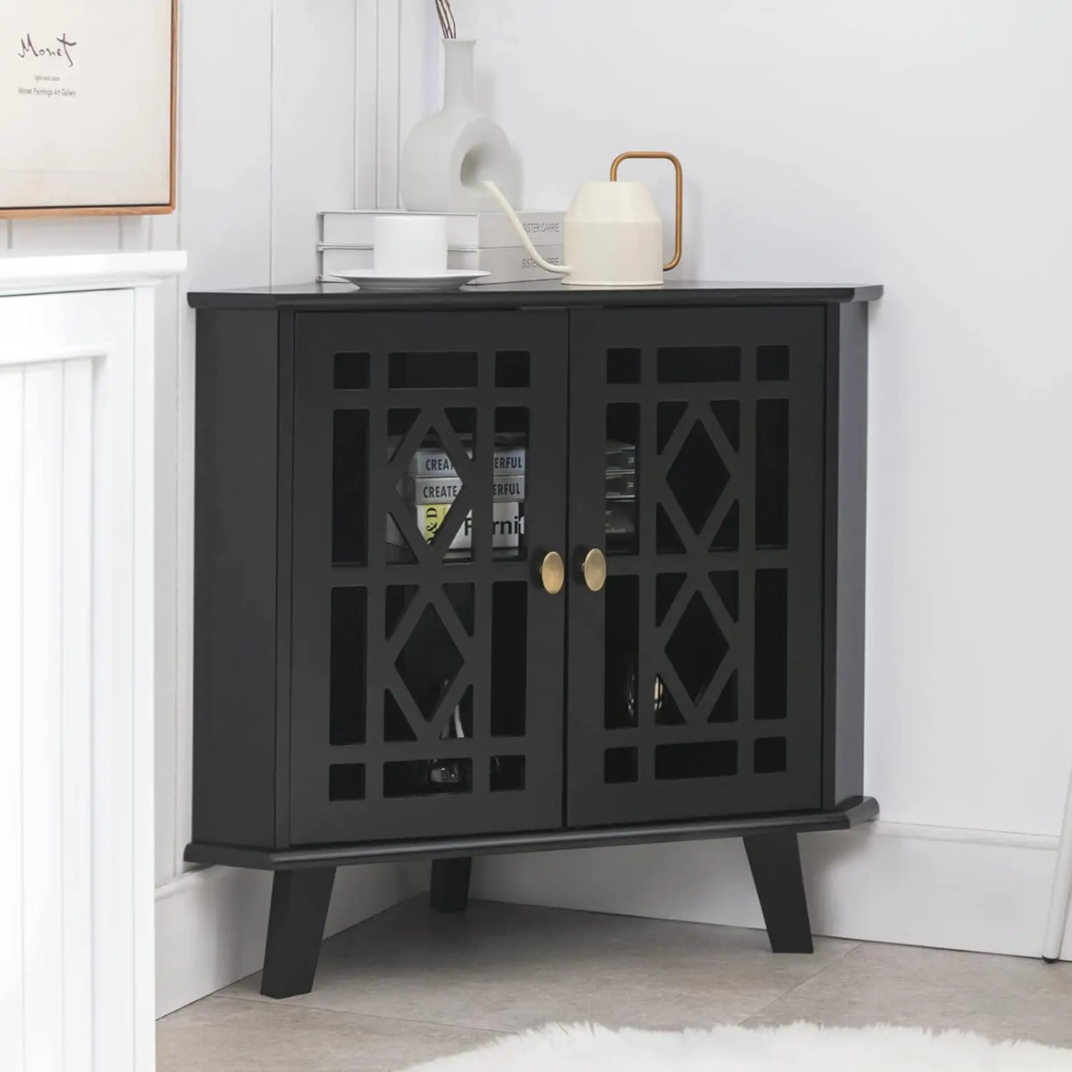 

Corner Shelf Stand, Small Corner Table Sideboard Cabinet with 2 Doors and 2-Tier Shelves, Dining Room & Bathroom (Black)