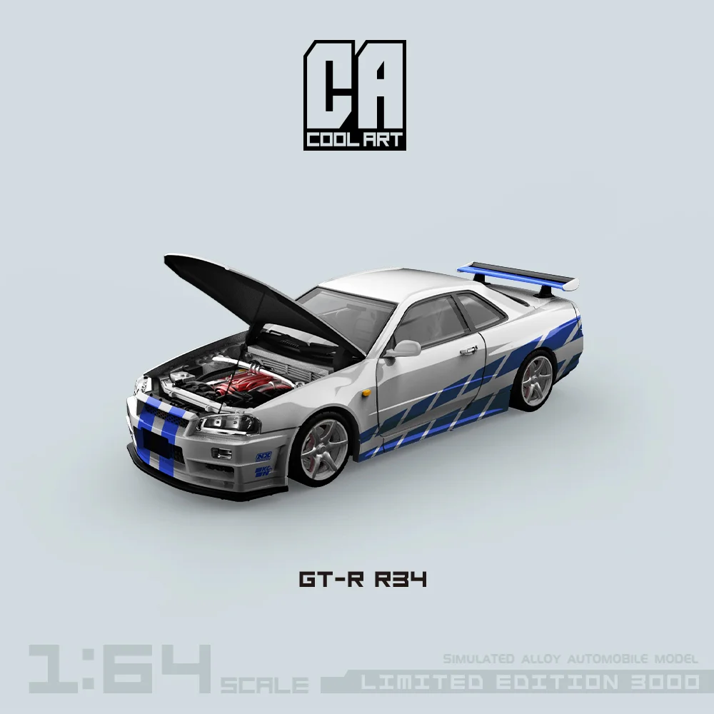 TIME MICRO/COOL ART 1:64 GTR-R34 Paul Blue Silver Flower Car Open Cover Model Car for Collection & Display & Gift