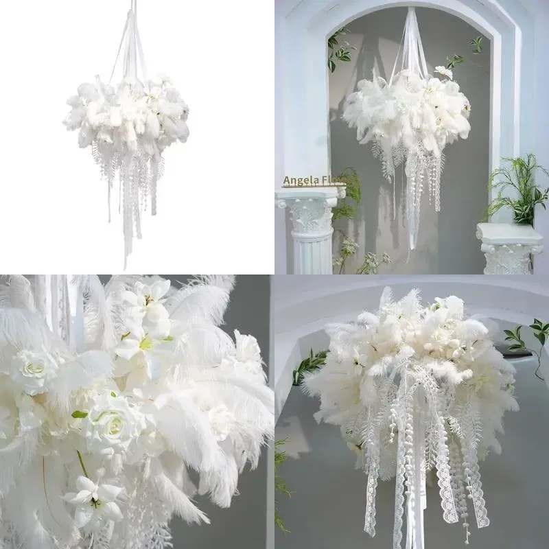 Luxury Pure White Feather Ring Hanging Wisteria Floral Decoration for Church Wedding Background Ceiling Event Decor